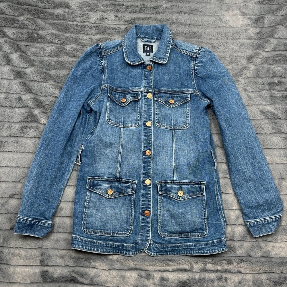 Gap Womens XS Blue Denim Chore Jacket Medium Wash Utility Puff Shoulder 9209